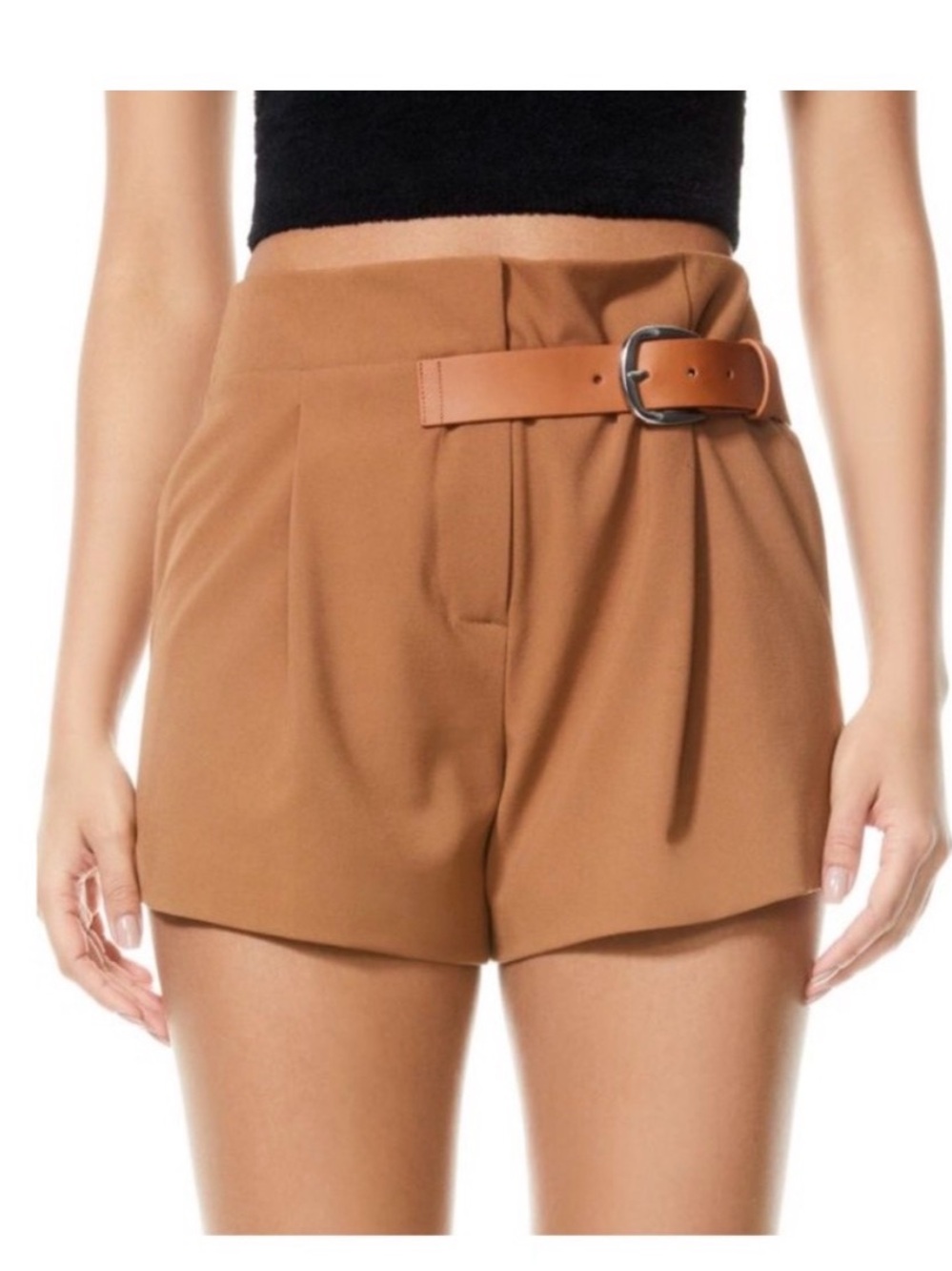 Alice + Olivia High-Waist Belted Shorts in Tan